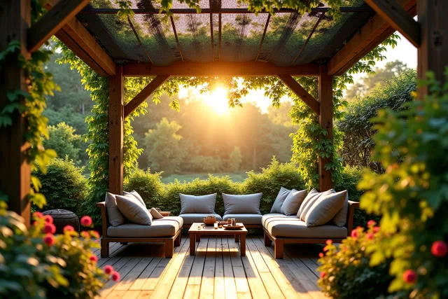 pergola et protection solaire avec un filet de camouflage