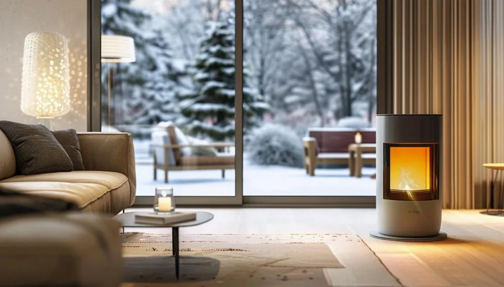 poêle dans un salon en hiver